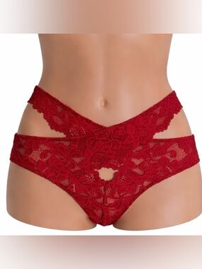 Adore Me Women’s Red Lace Cutout Bikini Panties M Sexy Strappy Floral Lingerie